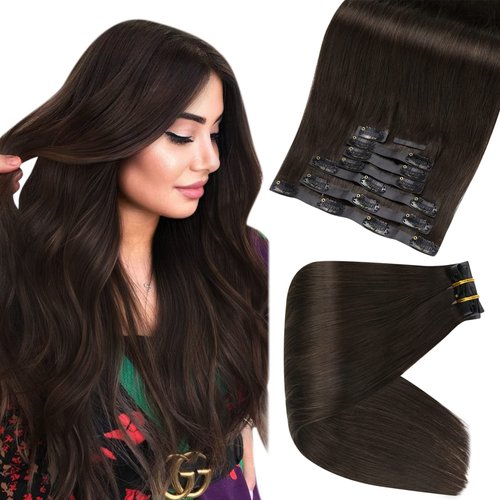 Full Shine Clip in Hair Extensions Human Hair 8 Pcs Brown Hair Clip in Extensions Pu Seamless Clip in Real Hair Extensions Double Weft Silky Straight Natural Hair 120 Grams 14 Inch