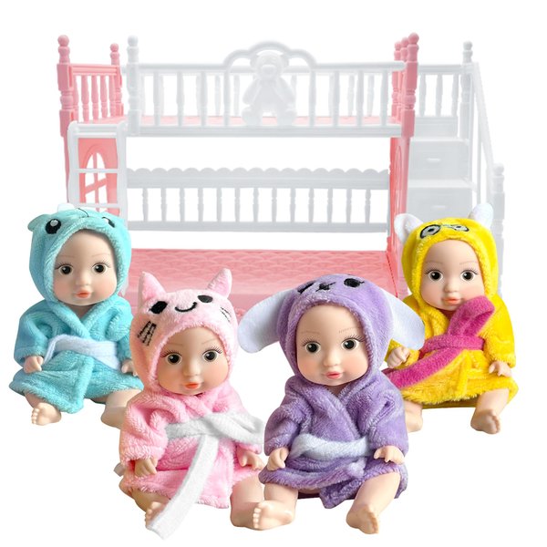 AMETUS 4 Pcs Mini Baby Dolls with Bunk Bed, Dollhouse Bedroom Furniture Set, Little Mini Reborn Babies, Cute Doll for Girls Kids, Birthday Baby Shower Party Gifts, Big Eye Bathrobe Yellow