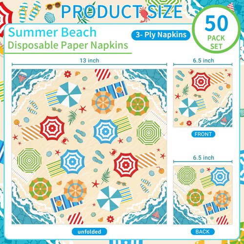 DYLIVeS Summer Beach Party Napkins, Hawaiian Beach Umbrella Paper Napkins Summer Pool Party Napkins for Luncheon Cocktail Summer Birthday Party Decorations Luau Tropical Party Supplies, 50 Pack, 3-Ply