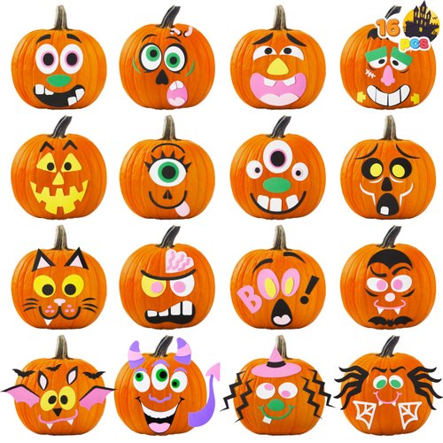 JOYIN 16 Packs Halloween Pumpkin Stickers Foam Craft Kit, Halloween Party Favors for Kids, Party Supplies Arts Activities, Pumpkin Decorating Stickers, Jack O Lantern Face Sticker School Games Gifts