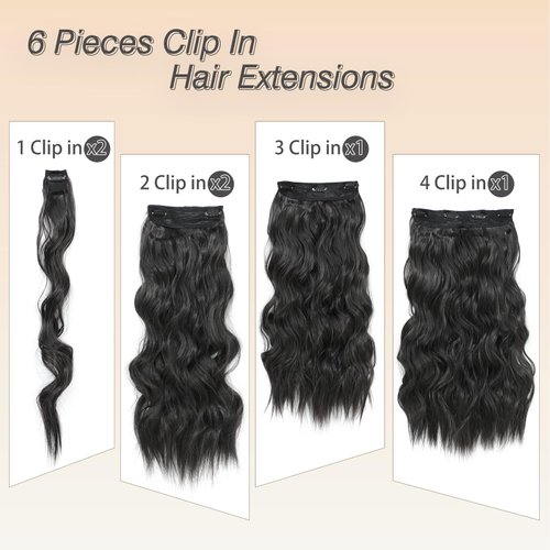 noxozoqm Clip in Hair Extensions 6 PCS Natural Soft Hair Blends Well Hair Extensions 20 Inch Natural Black Long Wavy Hairpieces for Women