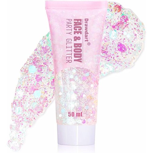 Drawdart Face & Body Glitter, Cosmetic-Grade Glitter Gel- Singer Concerts Disco Festival Rave Accessories, Chunky Hair Sparkling Glitter Gel for Women, Vegan & Cruelty Free- 50ml (White)