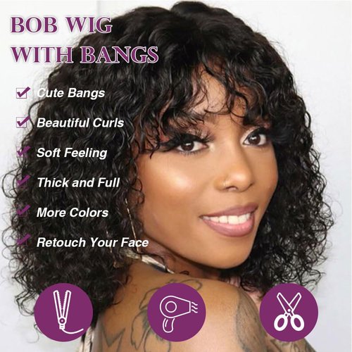 DÉBUT 10 Inch Water Wave Bob Wig with Bangs Human Hair Short Bob Curly Wigs Wear and Go Bangs Bob Glueless Wig 150% Density 1B Color