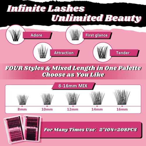 DIY Lash Extension Kit Cluster Lashes Kit with 208 Pcs Lash Clusters Lash Bond Remover Eyelash Applicator Beginner DIY Lashes Kit Easy to Use(DIY Lash Kit,4 Styles Mix-B)