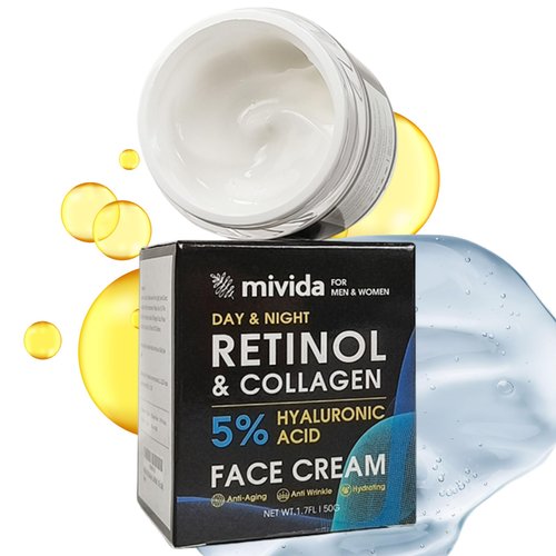 Mivida Retinol & Collagen Face Cream with 5% Hyaluronic Acid | Anti-Aging Day & Night Moisturizer for Women & Men | Reduces Wrinkles, Fine Lines, Dryness & Boosts Radiance - 1.7 fl oz