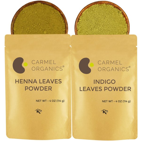 CARMEL ORGANICS Hair Color Henna & Indigo Leaves Powder Combo (4 Ounce Each) For black & Brown hair| No added colours or chemicals | Non-GMO | Pure And Natural Dried Leaves