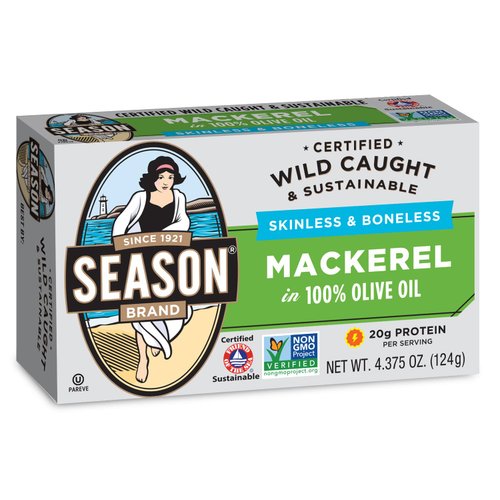 Season Mackerel in Olive Oil – Skinless & Boneless, Wild Caught, Keto Snacks, Canned Mackerel Fillets, Full of Vitamins & Minerals, Low in Mercury, Kosher, Non-GMO, 20g of Protein – 4.37 Oz, 6-Pack