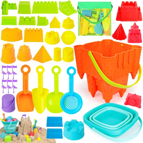 Shindel 46PCS Beach Toys for Kids, Castle Molds Collapsible Beach Bucket Sand Molds Shell Collecting Bags for Outdoor Summer Beach Party