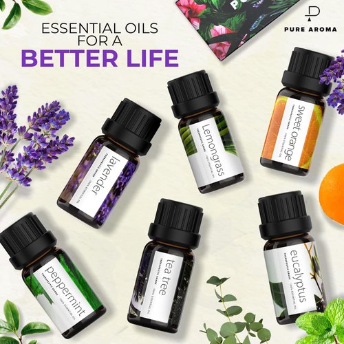 Essential Oils Set by Pure Aroma - Top 6 Aromatherapy Oils Gift Set-6 Pack, 10ml(Eucalyptus, Lavender, Lemongrass, Sweet Orange, Peppermint, Tea Tree)