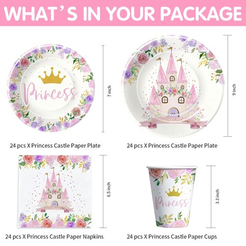 HIPVVILD Princess Party Decorations Tableware - Princess Birthday Party Supplies Include Dinner Plates, Dessert Plates, Cups, Napkins, for Princess Birthday Baby Shower Party Decorations | Serve 24