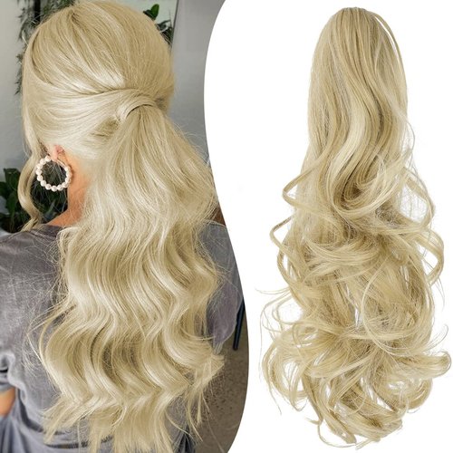 Mitrygreen Claw Clip Ponytail Extension 14" Clip in Wavy Ponytail Hair Extensions Long Pony Tails for Women Extensions Light Blonde Mix Bleach Blonde Wave Hairpiece