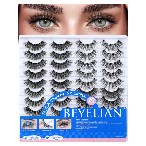 BEYELIAN Fake Eyelashes Strip 20 Pairs Fluffy Cat Eye Lashes Soft and Lightweight False Lashes 3D Volume Faux Mink Lashes Luxurious Lash Pack, Reusable, Easy to Apply (20P-HSCS-MIX-2)