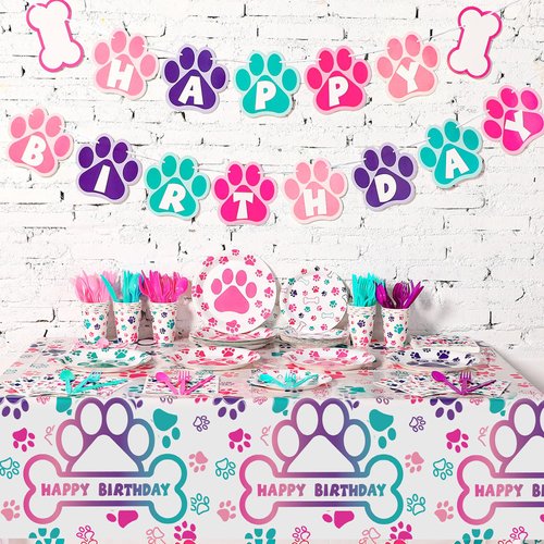 Gejoy 96 Pcs Dog Paw Birthday Party Supplies Tableware Kit Include Plates Knives Forks Spoons Napkins for Boy Girls Birthday Party Decorations Serve 24 Guests(Sweet Color)