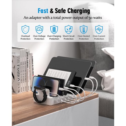 ₂₀₂₃𝘕𝘦𝘸 Charging Station Multiple Charger Station - 6-Port USB Fast Charging Dock 50W Organizer Station with Watch Charger for iPhone|Android Cell Phone|iPad|Kindle|Watch|Tablet