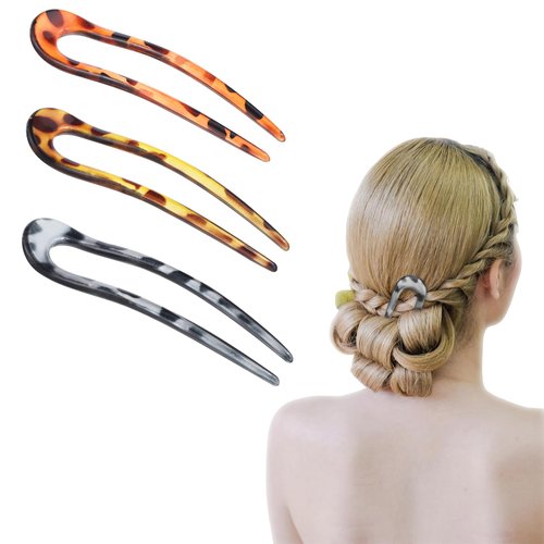 3 PCS French Hair Forks, 4.5 Inches U Shaped Hairpin Classic 2 Prong Hair Sticks Vintage French Hair Pin for Women Long Hairstyle Accessories