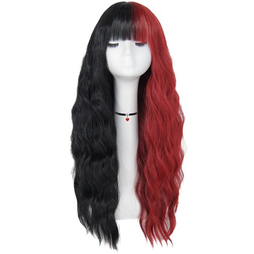 Mildiso Red and Black Wigs for Women 26’’ Long Curly Wavy Hair Wig with Bangs Natural Cute Synthetic Wig with Wig Cap for Party Halloween M062BKR