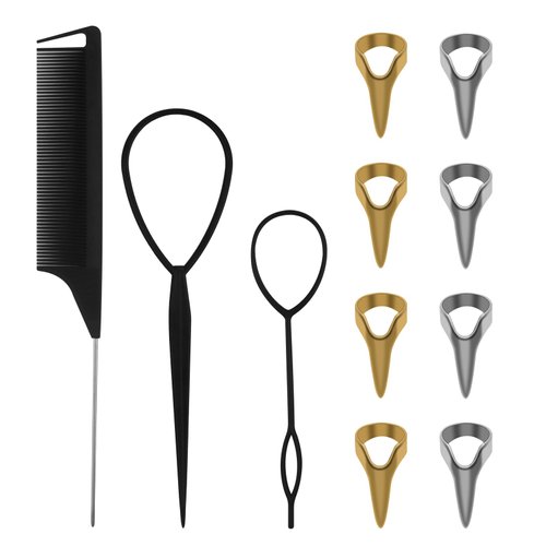 11PCS Hair Braiding Tools Ring Set with 8 Metal Pinky Hair Parting Rings/Braid Aid Finger Parting Tool, 1PCS Rat Tail Comb/Braiding Combs/ 2 Parting Tool Rings for Stitch Braiding Finger Tool