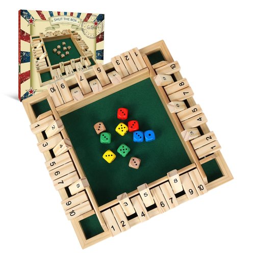 GOTHINK Wooden Shut The Box Dice Game 2-4 Players, Wooden Table Math Game with 10 Dice and Rules, Amusing Addition Game for Kid & Adults - 11.5 Inch - Classics Games for Classroom,Home,Party or Pub