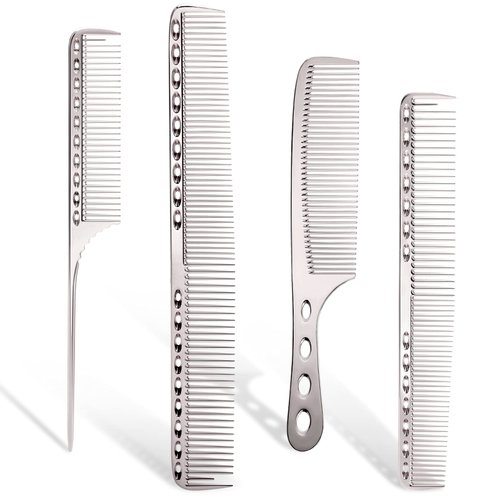 Cgbarber Professional Aluminum Hair Combs Set: Long Cutting Comb, Short Styling Comb, Handle Comb, and Tail Comb (Silver)