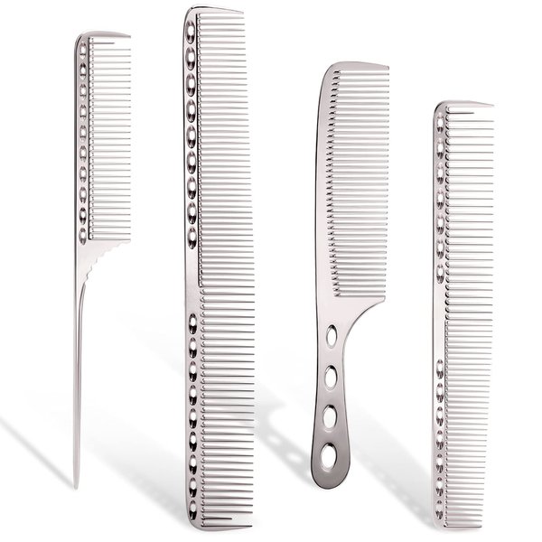 Cgbarber Professional Aluminum Hair Combs Set: Long Cutting Comb, Short Styling Comb, Handle Comb, and Tail Comb (Silver)