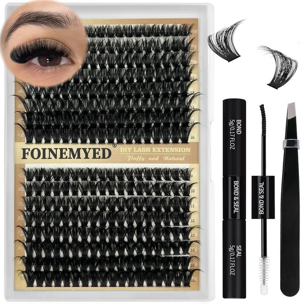 Fluffy Lash Extension Kit 288Pcs Eyelash Extension Kit 9-16mm Mix Lash Clusters 100D Thick Individual Eyelashes Kit with Lash Bond, Lash Remover, Lash Applicator, DIY Lashes Extension for Beginners