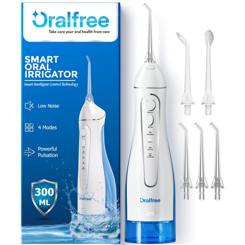 Oralfree Water Dental Flosser Cordless for Teeth Cleaning - 4 Modes Oral Irrigator 300ML Braces Flossers Cleaner, Rechargeable Portable IPX7 Waterproof Powerful Battery for Travel Home