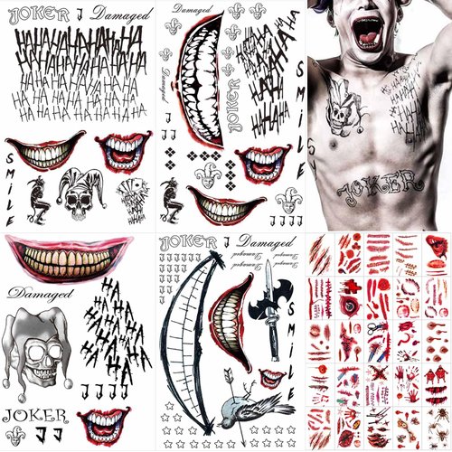 Zeecdatoo 34 Sheets Halloween Temporary Tattoos for Joker Suicide Squad, Halloween Tattoos for Harley Quinn Halloween Cosplay Costumes and Party Accessories, Halloween Zombie Fake Scars Tattoos