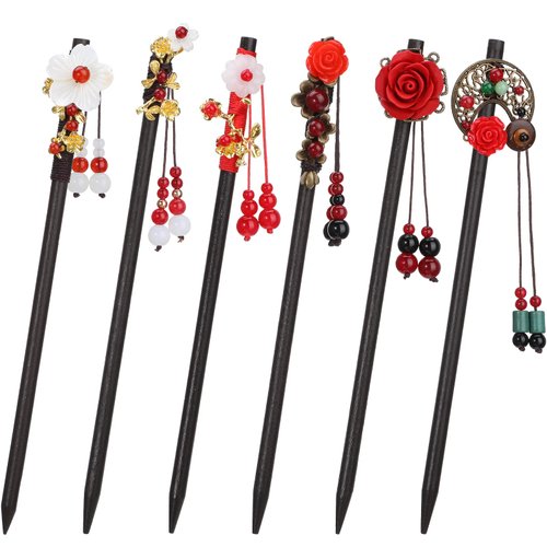 WILLBOND 6 Pcs Chinese Hair Chopsticks for Women Wooden Hair Accessories Japanese Floral Hair Sticks Retro Tassel Flower Vintage Hairpins Handmade Hair Pins for Women Long Curly Hair(Vintage Pattern)