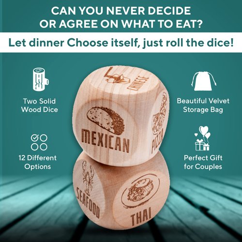 KLUBI Date Night Dice for Couples 2 Engraved Wooden Food Takeout Dice Date Night Gifts for Couples Gifts for Girlfriend Fun Gifts for Her What to Eat Dice Dinner Choosing Dice for Couples