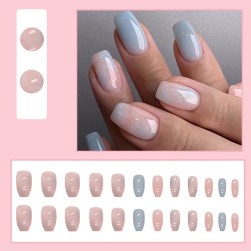 YoYoee Marble Nails Tips Short Coffin False Nails Gradient Press on Nails Full Cover Nude Cute Fake Nails for Women and Girls 24PCS