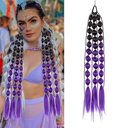 Colored Hair Extensions With Hair Tie,26 inch 1pcs Colorful Bubble Ponytail Extensions,Bubble Ponytail for Girls Festival Party Rave Crazy Hair Day(Black to Dark Purple)