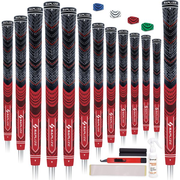SAPLZIE Hybrid Rubber Golf Grips 13 Pack, All Weather Design, 13 Grips with All Kits, Multi-compound Hybrid Golf Club Grips, CL04 Series, Standard Size, Red