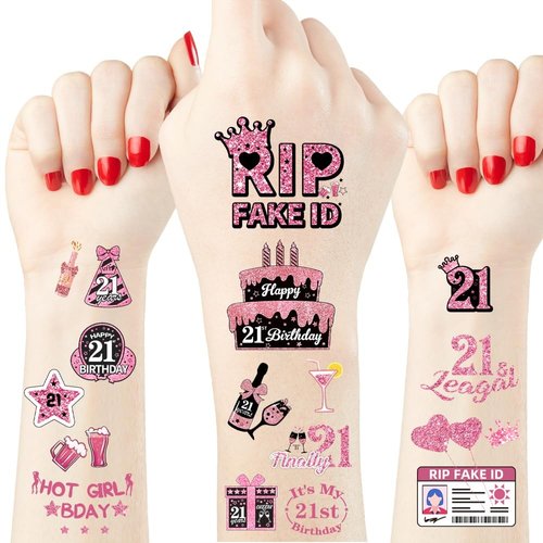 Crazy Night 21st Birthday Party Decorations Temporary Tattoos - 96 Styles | Hot Girl Bday Party, Finally 21, RIP Fake ID, Twenty One Tiara Décor for Her