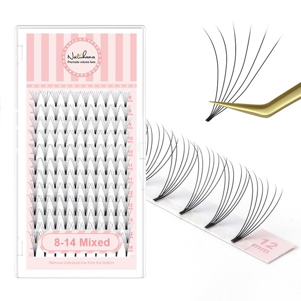 NATUHANA Premade Fans Eyelash Extension 6D Short Stem 0.07mm C Curl 8-14mm Mixed Tray Russian Volume Lash Pre made Fan False Lashes Short Root Lash Supplies Lash Extensions (8-14 MIX, 6D black;0.07 C)