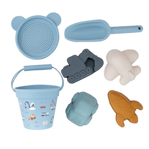 Antistate Bonnies Silicone Beach Toys 7Pcs Sand Toys Beach Bucket with Sand Sifters Lid 4 Sand Molds Shovels Sandbox Toys Travel and Eco-Friendly Snow Toys Set for Baby Kids Toddlers