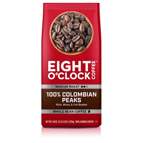 Eight O'Clock Coffee 100% Colombian Peaks, 38 Ounce, (Pack of 1) Medium Roast, Whole Bean Coffee, Rich, Winey & Full Bodied