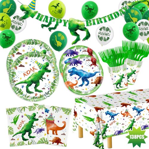 Watercolor Dinosaur Plates and Napkins, Dinosaur Birthday Decorations, 138pcs Dinosaur Party Supplies Includes Paper Plates Napkins Cups Tablecloth Banner for Kids 2 3 4 5 6 7 8 Years, Serves 24