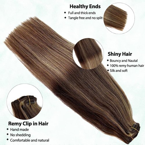 Hair Extensions Clip in Real Human Hair Extensions Blonde Human Hair Clip ins Extensions Brown to Blonde Highlights Remy Human Hair Clip in Extensions for Women 16 Inch 7pcs 70g