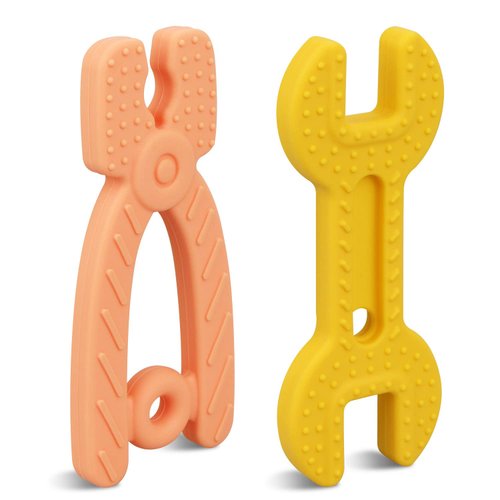 sungwoo Teething Toys for Babies 0-6 Months 6-12 Months, 2 Pack Pliers & Spanner, Food Grade, 100% Non-toxic and BPA Free Silicone Teether for Infant, Chew toys for Newborn Boy Girl Sucking and Biting