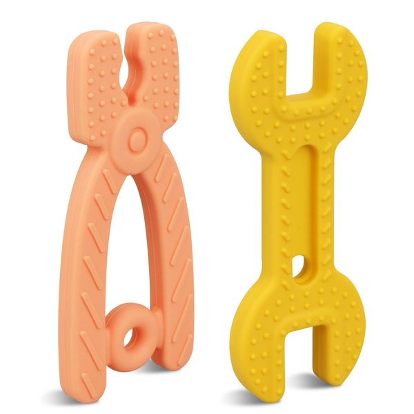 sungwoo Teething Toys for Babies 0-6 Months 6-12 Months, 2 Pack Pliers & Spanner, Food Grade, 100% Non-toxic and BPA Free Silicone Teether for Infant, Chew toys for Newborn Boy Girl Sucking and Biting