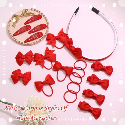 SAWINDA 20Pcs Red Bows Set for Girls Hair School Uniform Bow Headbands Hair Ties Snap Hair Clips Girls Hair Bow Clips Grosgrain Ribbon Hair Bow Clips Accessories for Toddler Little Girls