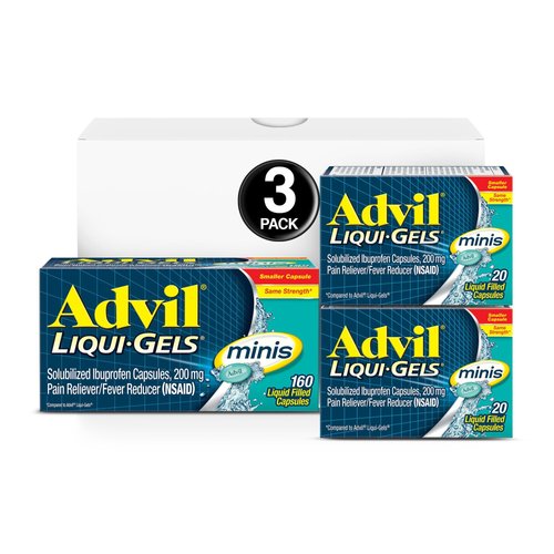 Advil Liqui-Gels minis (160 Count, 20 Count, 20 Count) Home & Away Pack, Pain Reliever/Fever Reducer Liquid Filled Capsule, 200mg Ibuprofen, Easy to Swallow, Temporary Pain Relief,1 Set