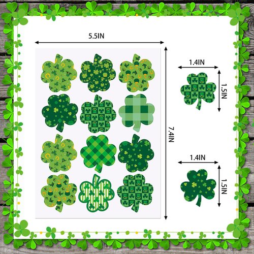 48Pcs St Patricks Day Stickers for Kids,1.5in Green Irish Shamrock Clover Label Self Adhesive Stickers,Saint Patricks Day Decorations Party Decals Seals Cards Envelopes Rewards Scrapbooking Supplies