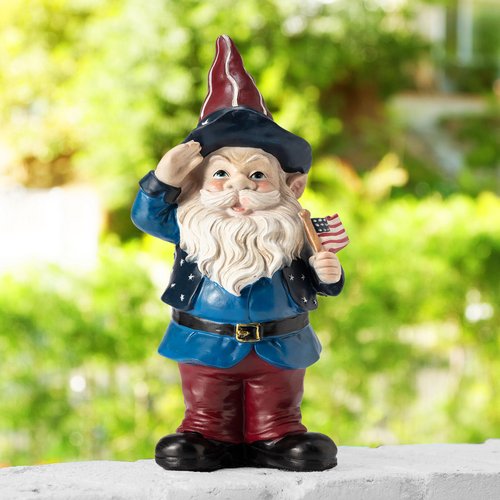 Alpine Corporation 12" Tall Outdoor Patriotic Garden Gnome Saluting Yard Statue Decoration