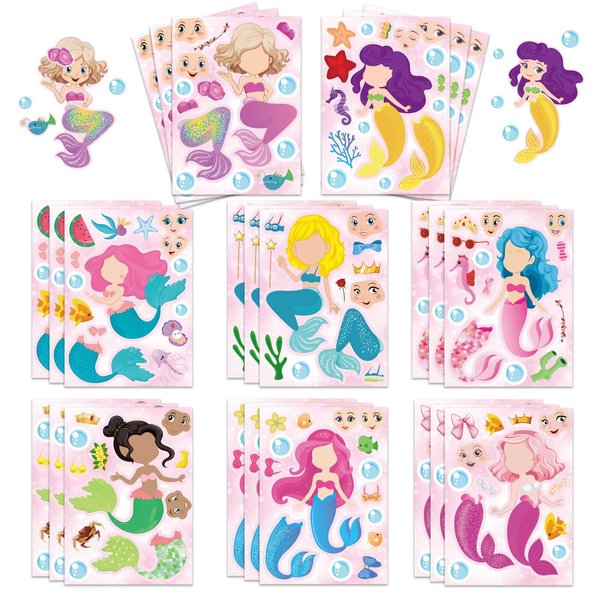 24 Sheets Mermaid Stickers Make Your Own Mermaid Stickers Party Favors Make A Mermaid Stickers Mermaid Make A Face Stickers for Kids Party Favors,Classroom Rewards,Mermaid Themed Art Craft Supplies