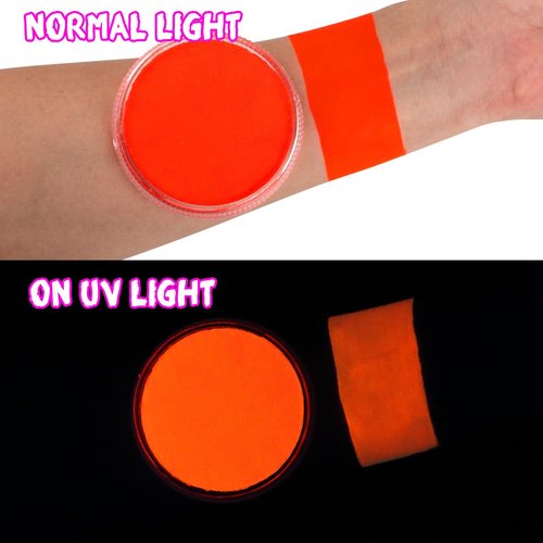Bowitzki 30g Professional UV Neon Face Paint Glow Body Paint In the Dark Water Based Face painting Makeup Safe for Kids and Adults Split Cake Single Color (Neon Orange red)