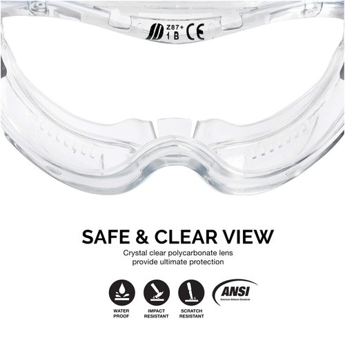 Neiko Pro 53875B Clear Protective Lab Safety Goggles, Chemistry Lab Goggles, Scientific, Construction Goggles, Contractor, Woodworking, Anti-Fog and Splash, Includes Indirect Vent for Men and Women