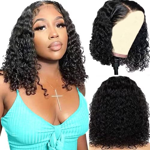 Short Bob Wigs 13x4 Deep Wave Bob Wig Human Hair Deep Curly 100% Brazilian Virgin Human Hair Pre Plucked Natural Hairline Wet and Wavy Transparent Lace Frontal Wigs for Women 14 Inch Natural Color