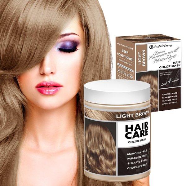 Joyful Young Vegan Semi-Permanent Hair Color Mask – Ammonia-Free, Paraben & Sulfate-Free Hair Dye & Depositing Conditioner, Plant-Based Formula, Long-Lasting Color in Minutes, 300ml (LIGHT BROWN)