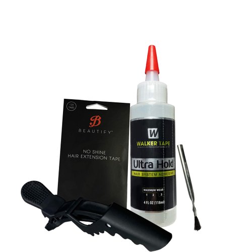 Bundle Pack | No Shine Double Sided Tape for Extensions Pre Cut Tabs 120PC/bag and Ultra Hold Hair System Wig Adhesive Nozzle Top 4oz with Small applicator Brush for Wig Glue and Hair Sectioning Clip